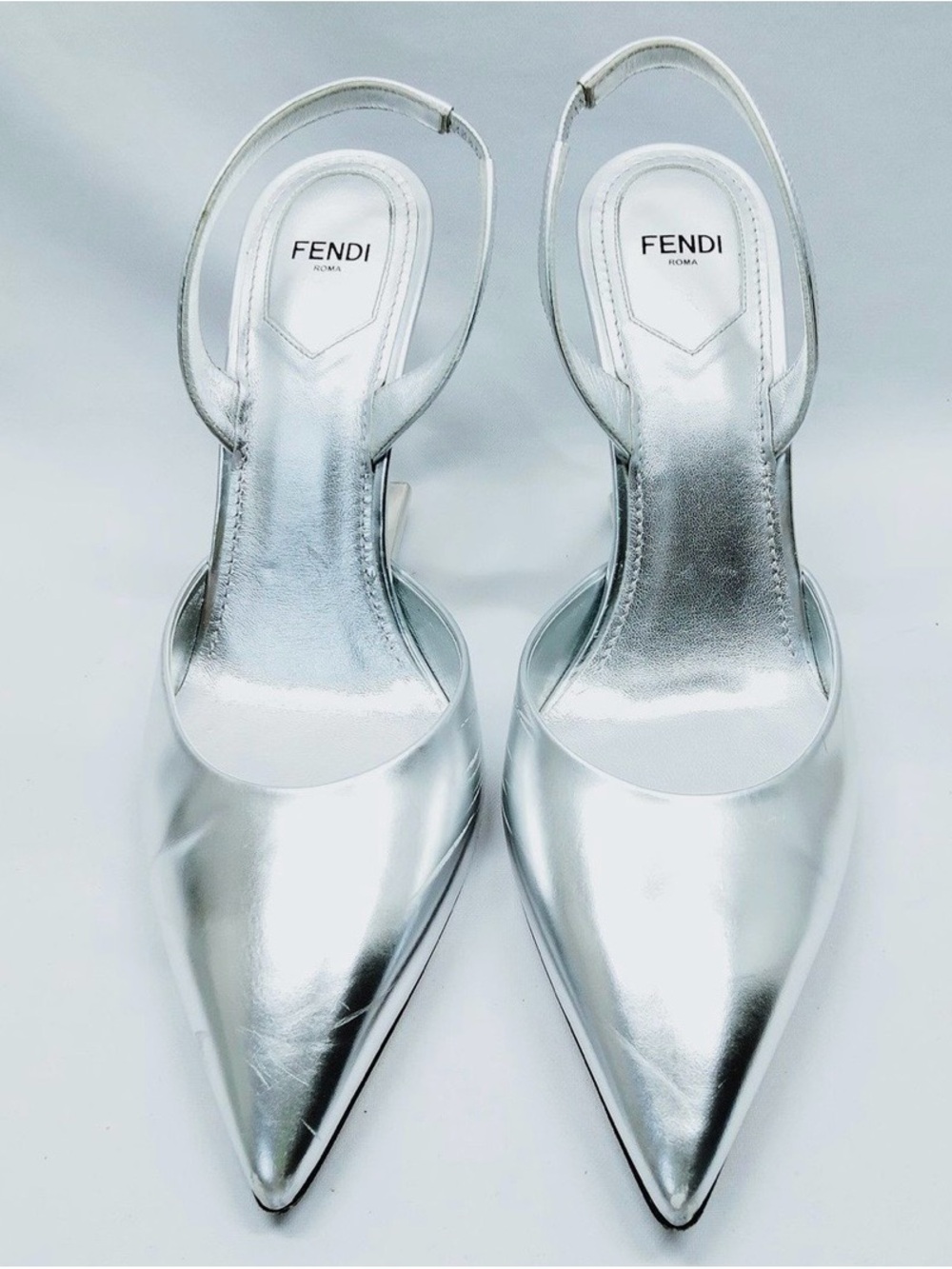Fendi Metallic Silver Pointed Slingback Heels